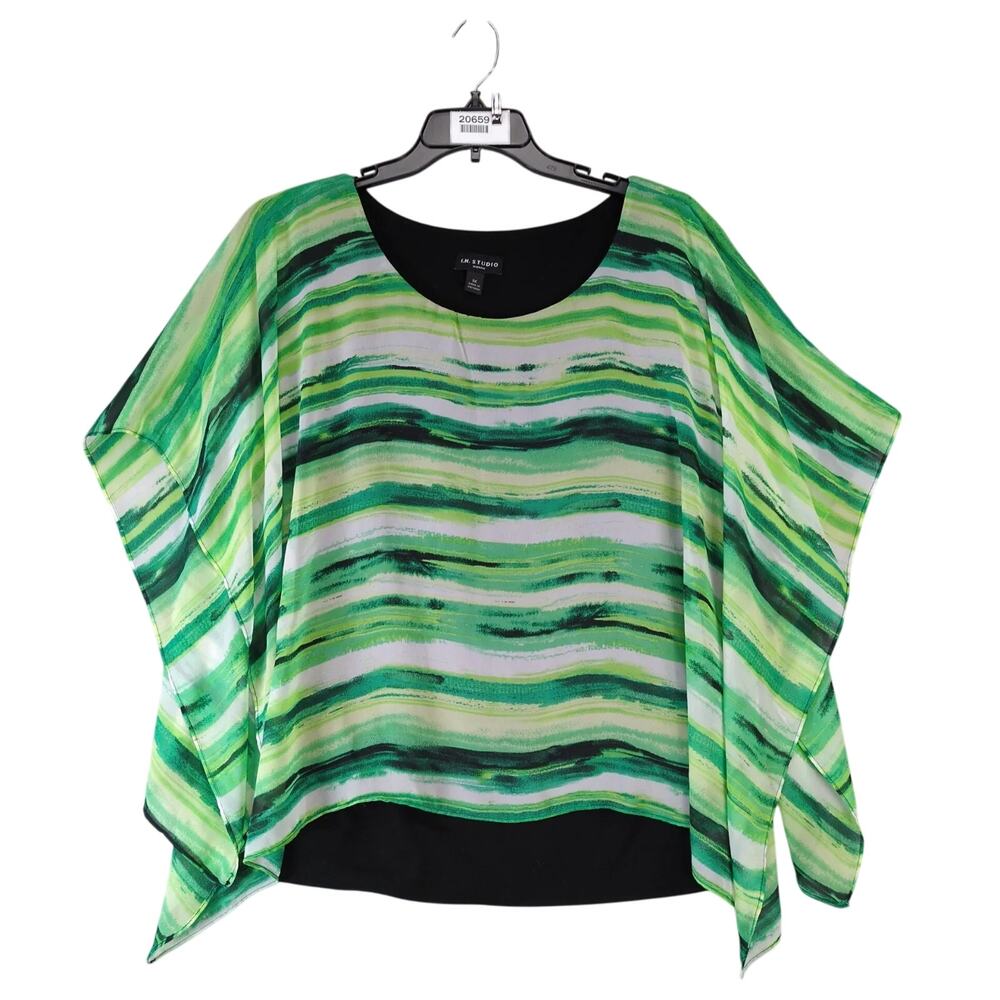 IN Studio Green Black Sheer Poncho Overlay Blouse Women's Plus Size 1X Boho Chic